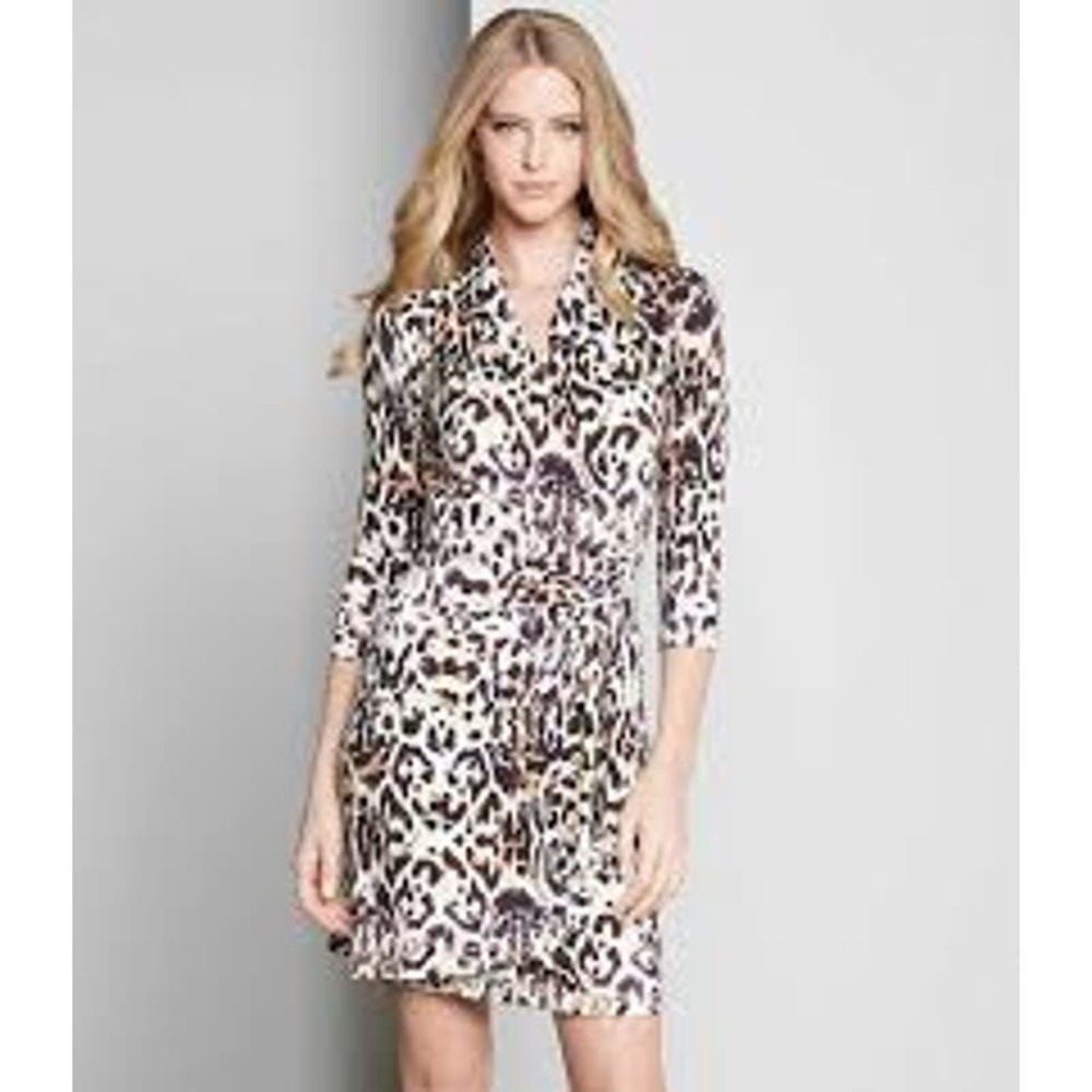 Karen Kane Leopard Mini Dress Womens Large Short Stretch Faux Wrap Soft  Comfort